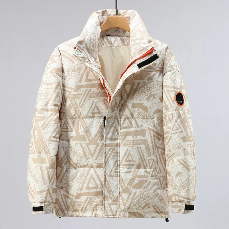 Men's winter thickening down jacket with white duck down filler in camouflage pattern, black colour