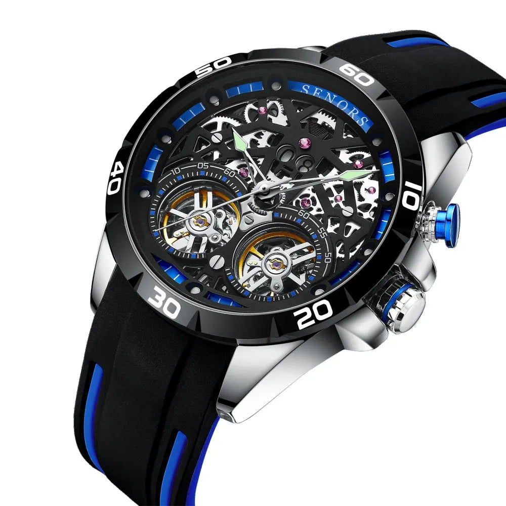 Automatic mechanical men's watch with luminous hollow skeleton dial in blue colour option