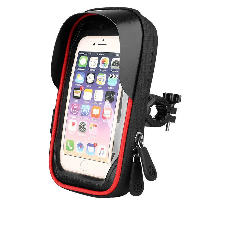 Black waterproof bicycle phone holder with clear touch screen mounted on handlebars.