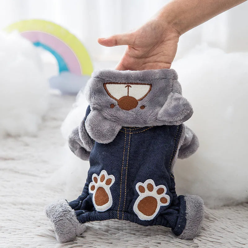 Paw print bear cotton padded pet clothes in brown black spot, grey navy blue spot, and thickened badge lattice, sizes XS to XL