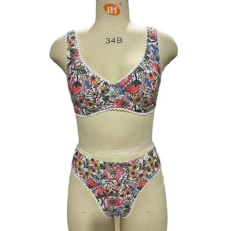 Women's floral print push-up bikini with steel bracket and high-waisted briefs