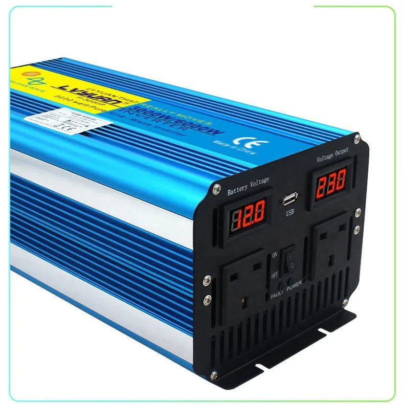 Blue 3000W pure sine wave car power inverter with digital display and remote control for UK sockets