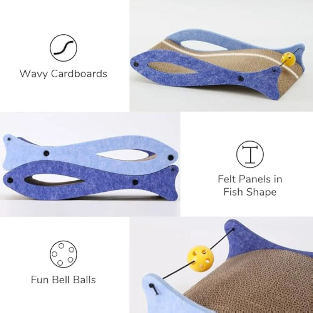 Blue fish-shaped cardboard cat scratcher lounger with a dangling bell toy for indoor cats.