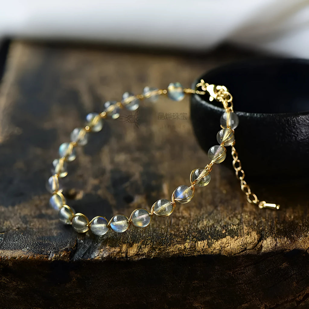 Women's natural crystal bracelet with 6mm moonstone beads and 14k gilded metal accents