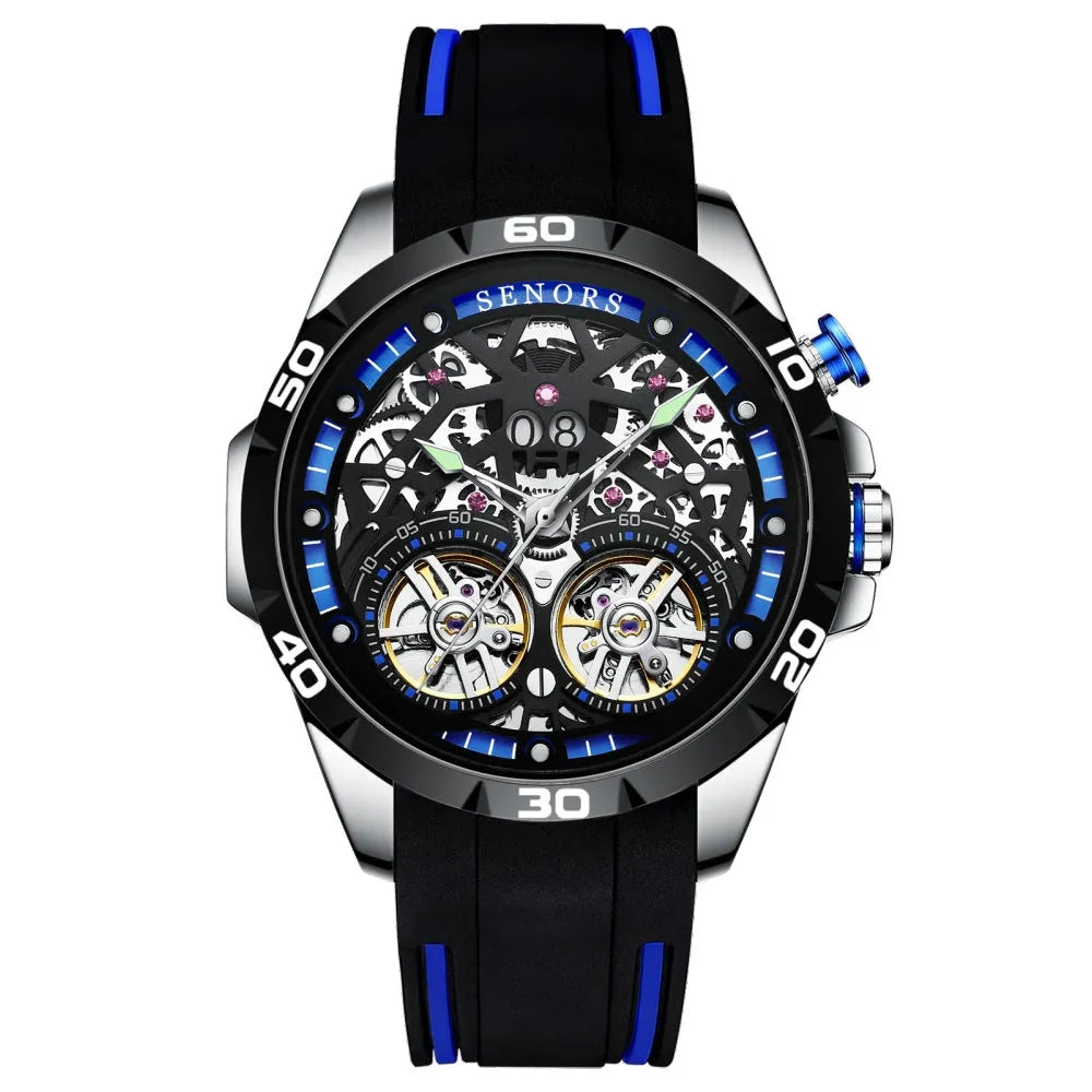 Automatic mechanical men's watch with luminous hollow skeleton dial in blue colour option