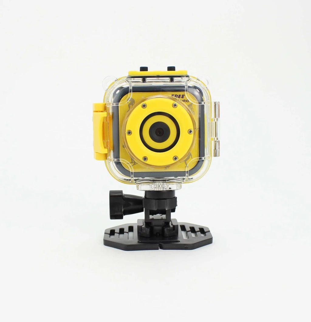 Yellow children's waterproof sports camera with 1.77-inch screen showing dimensions of 60x60x25mm