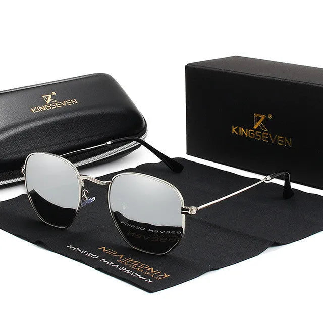 Classic round metal frame sunglasses with 55mm lenses in Gun Gray colour on a microfiber pouch