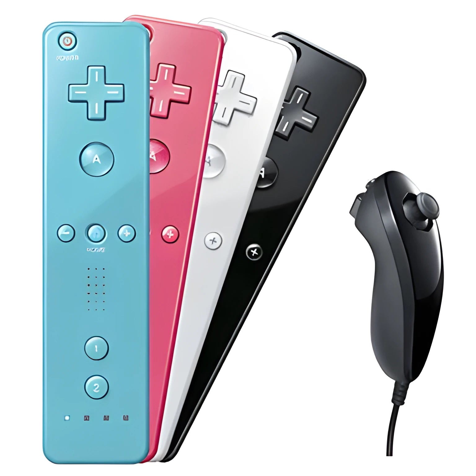 Wii left and right gamepad controllers in multiple colours with rubber sleeve and hand strap.
