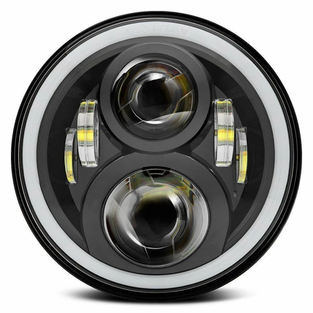 7 inch round LED headlight with angel eyes, black die-cast aluminium housing, polycarbonate lens, 6500K colour temperature