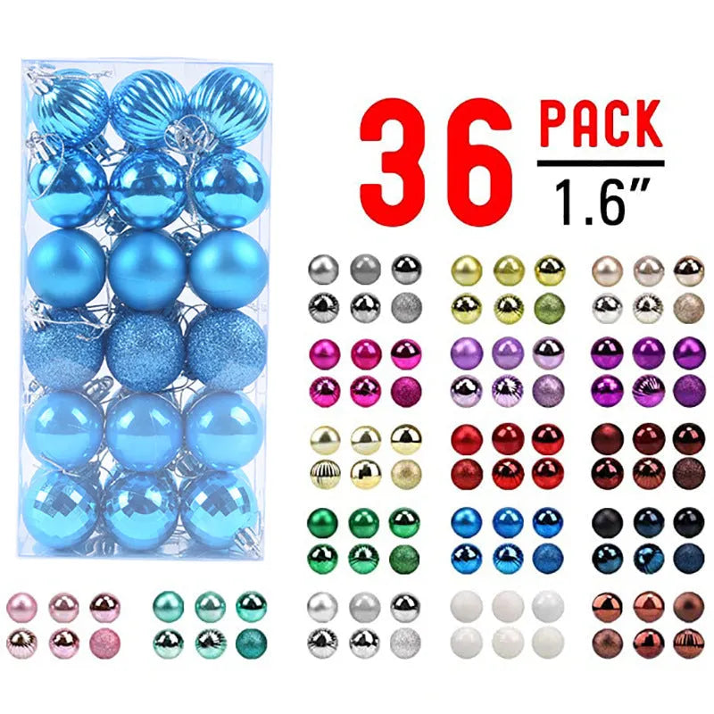 Box of 36 Christmas balls, 4cm diameter, shown in assorted colours including gold, silver, red, and blue