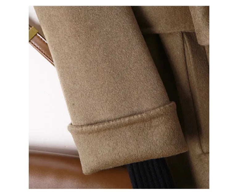 Long wool coat with suit collar in black and caramel colours showing front and back views