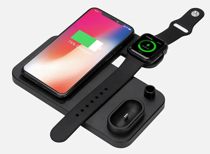 4-in-1 wireless charging dock showing iPhone, Apple Watch, AirPods and Apple Pencil charging simultaneously on adjustable stand.