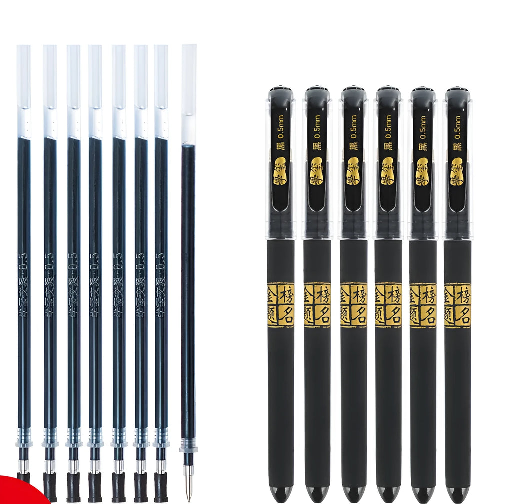 Set of eight carbon black gel pens with plastic bodies, showing bullet and needle tip options