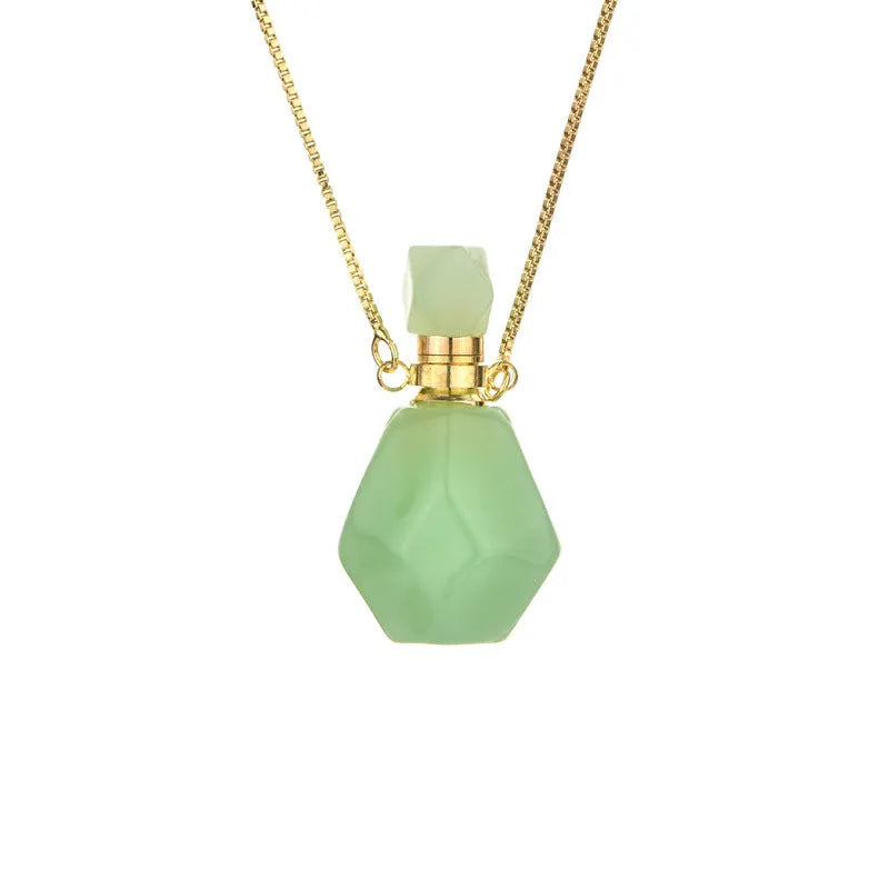 Semi-precious amethyst perfume bottle pendant necklace with alloy chain on neutral background