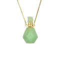 Semi-precious amethyst perfume bottle pendant necklace with alloy chain on neutral background