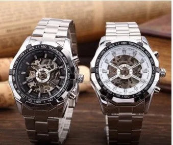 Top brand luxury wristwatch with hollow black dial, 42mm stainless steel case, and brown leather strap on wrist