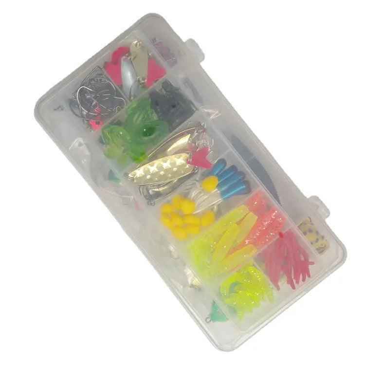 142-piece fishing lure set with metal pliers, hard minnow lures, and sequins in assorted colours