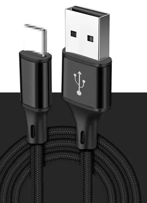 Black USB to phone charging cable shown at 2 metre length.