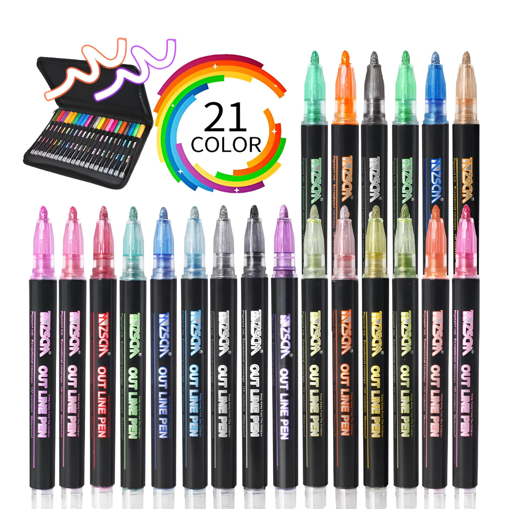 Double line pen with 21 colour set plastic shell water-based ink line width 1mm-2mm for hand account