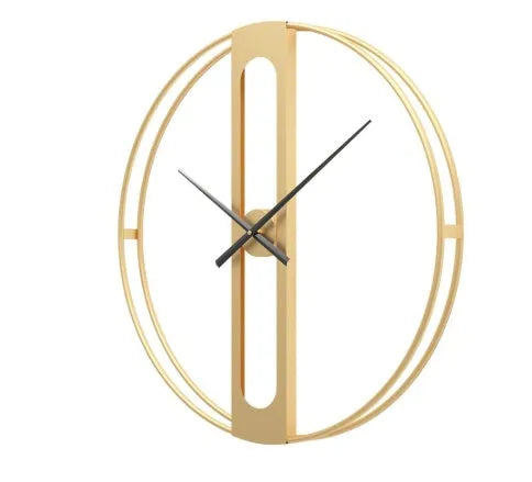 Round metal wall clock with 50cm diameter in black or gold finish on a wall