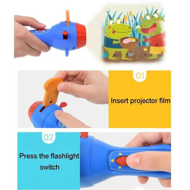SmartKids children's storybook projector torch with four fairy tale discs projecting images on bedroom wall