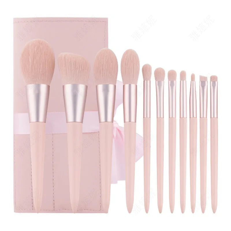 12-piece makeup brush set with light blue wooden handles and blue PU brush bag for foundation and eye shadow
