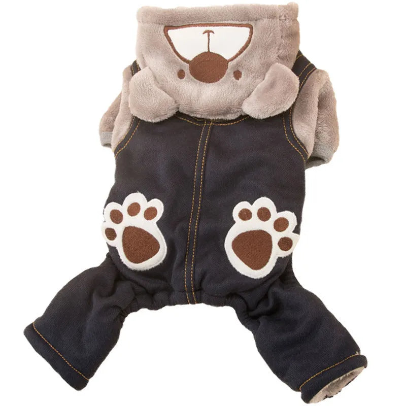 Paw print bear cotton padded pet clothes in brown black spot, grey navy blue spot, and thickened badge lattice, sizes XS to XL