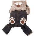 Paw print bear cotton padded pet clothes in brown black spot, grey navy blue spot, and thickened badge lattice, sizes XS to XL