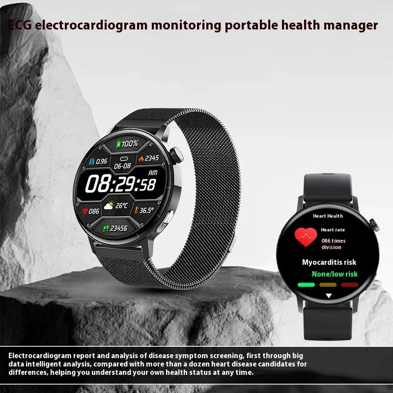 Black smart watch with IPS multi-touch screen, ECG blood glucose monitoring, and Bluetooth calling