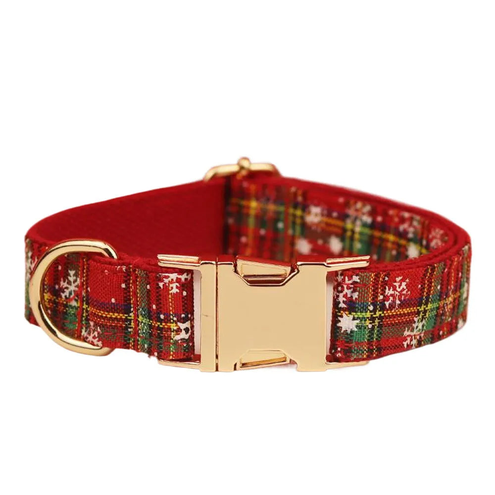 Red plaid snowflake Christmas dog collar, leash, vest and bow four-piece set