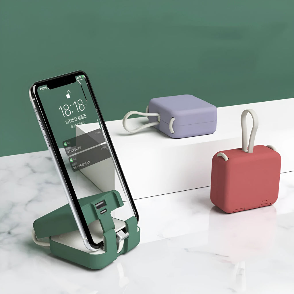 Handbag back clip power bank in blue, showing clip and dual USB charging ports