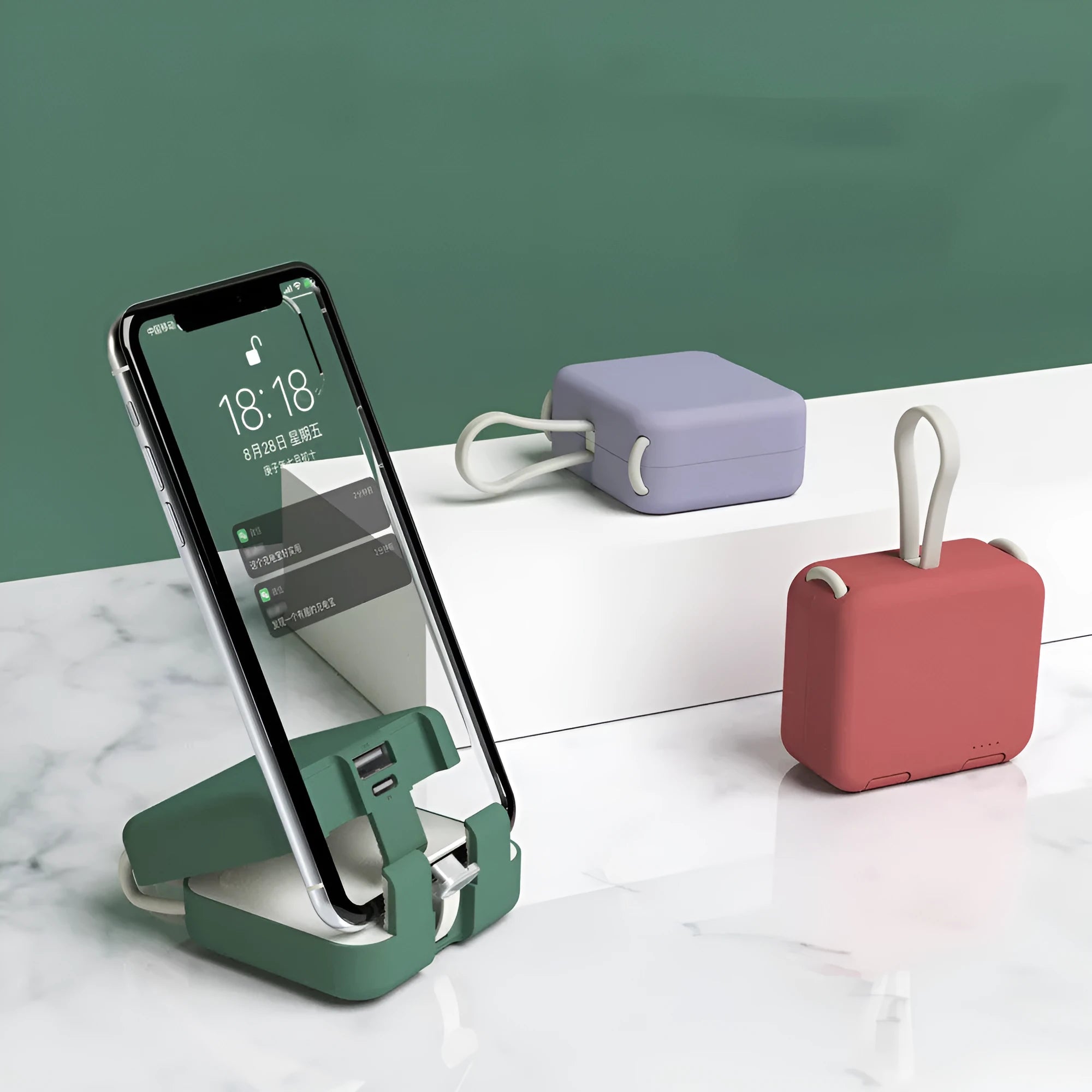 Handbag back clip power bank in blue, showing clip and dual USB charging ports