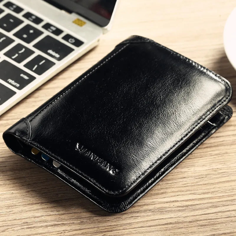 Open view of a black men's leather bifold wallet showing card slots, photo window, and zipped coin pocket.