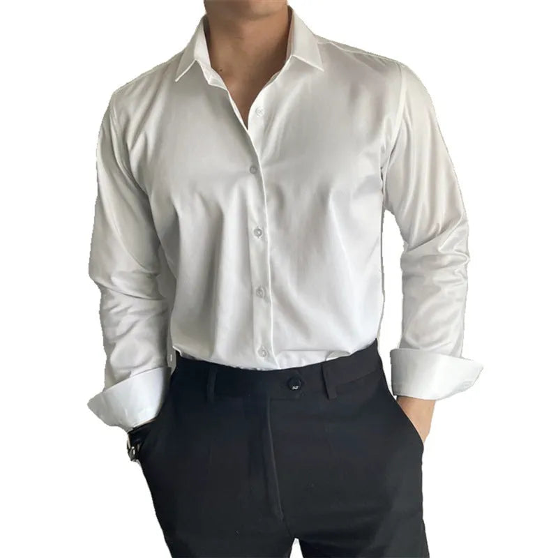 Men's Korean slim fit leisure shirt in chemical fibre blend fabric available in white, black and dark grey