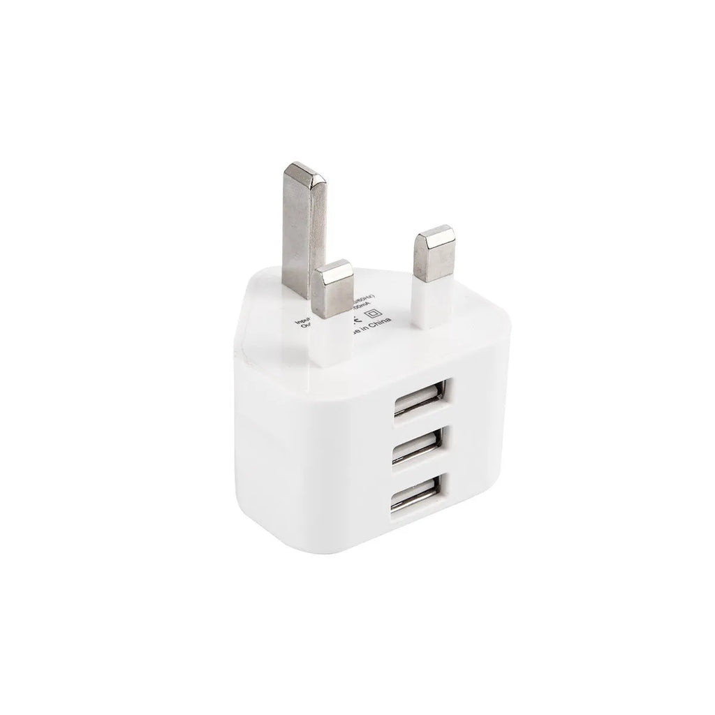White UK plug USB travel charger with three USB ports, 4.5 cm cube, ABS plastic, for Apple iPhone