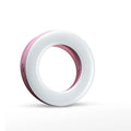 Black LED selfie ring light for mobile phones with adjustable brightness and USB charging port.
