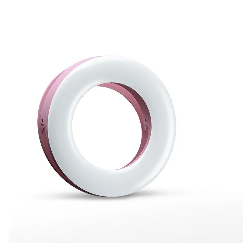 Black LED selfie ring light for mobile phones with adjustable brightness and USB charging port.