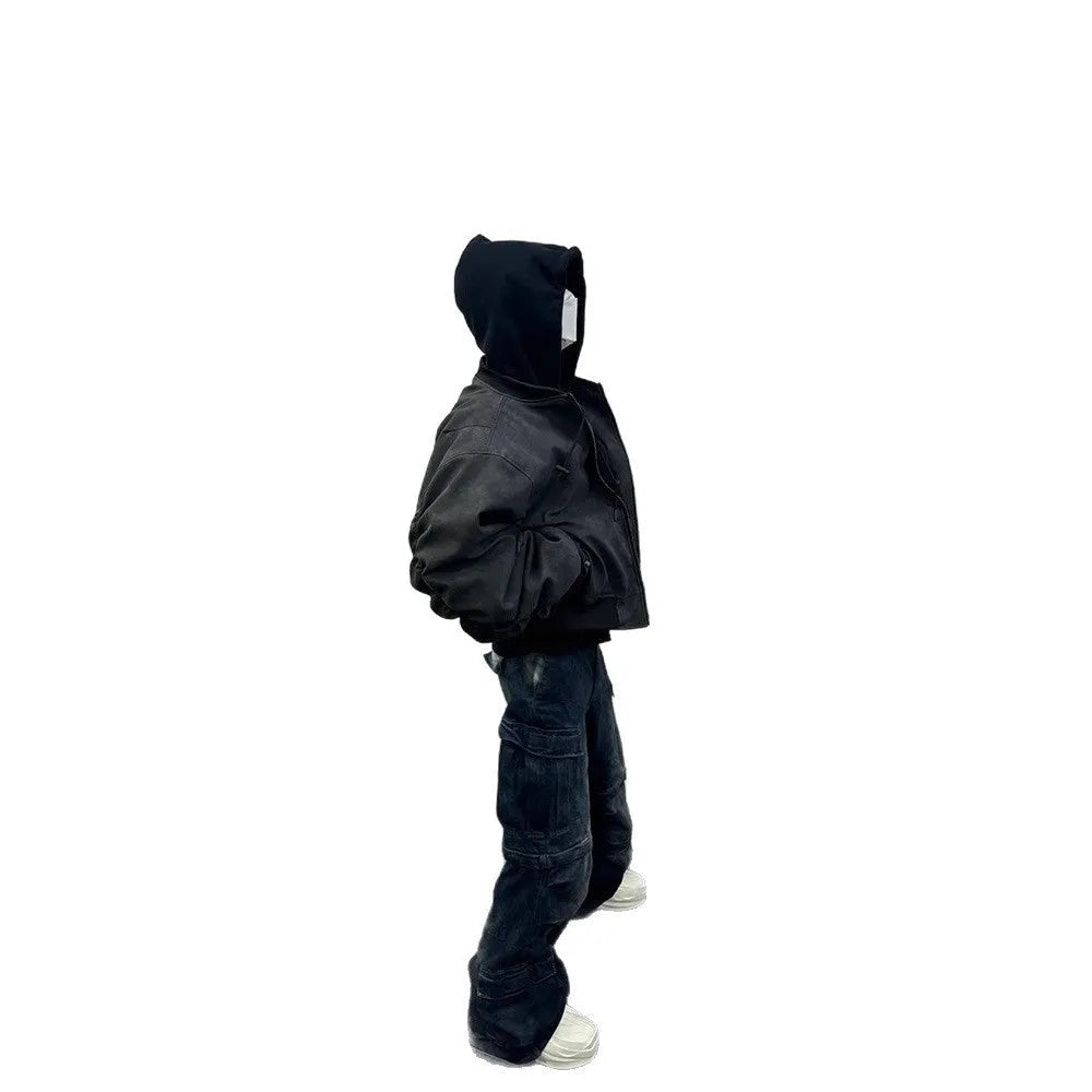 Black double-layer fake two-piece hooded pilot jacket with side seam pockets on a model