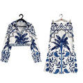 Women's early spring casual fashion set featuring a long sleeve top and long skirt in picture colour