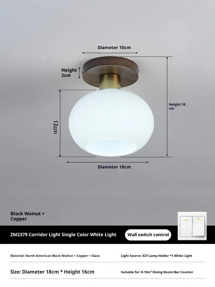 Walnut brass ceiling lamp with 5 watt bulb for corridor and balcony, light luxury style