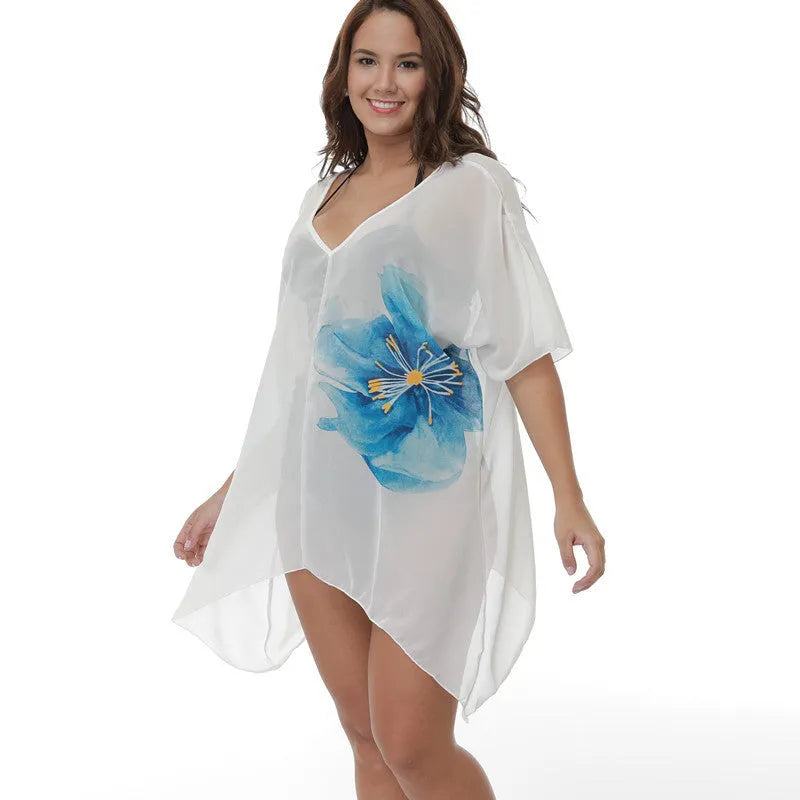 White plus size loose beach blouse for sun protection over swimwear