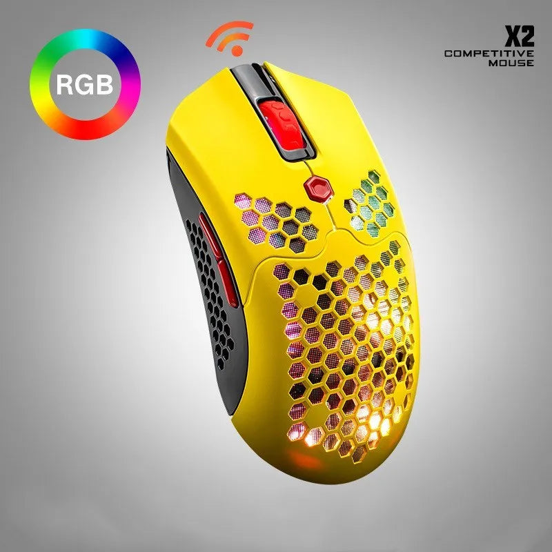 Free Wolf X2 wireless gaming mouse in black on a mouse mat, showing RGB lighting and side thumb buttons.