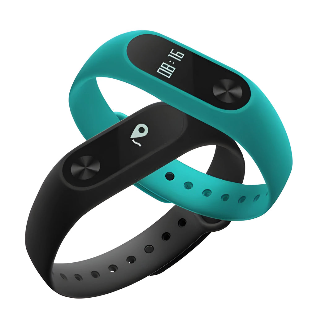 Xiaomi Mi Band 2 black smart band with OLED screen on an adjustable grey wrist strap.