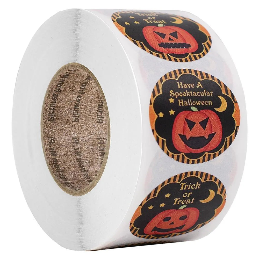 500-piece roll of Halloween pumpkin pattern PVC stickers in candy colours, 1 inch diameter