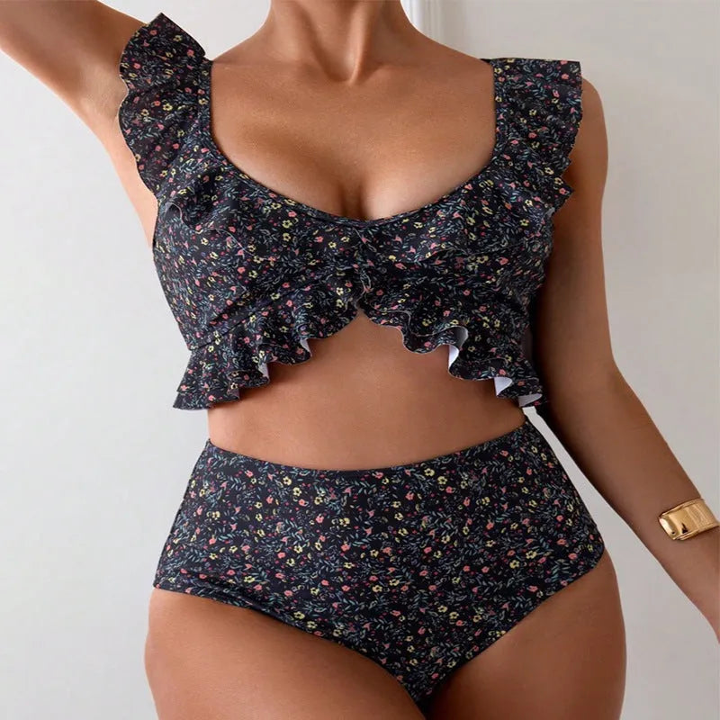 Women's floral flounce split swimsuit, backless two-piece in polyester, available in multiple colours.