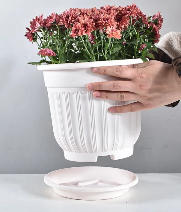 Thick resin European Roman pot with blue basin tray for home garden displaying flowers