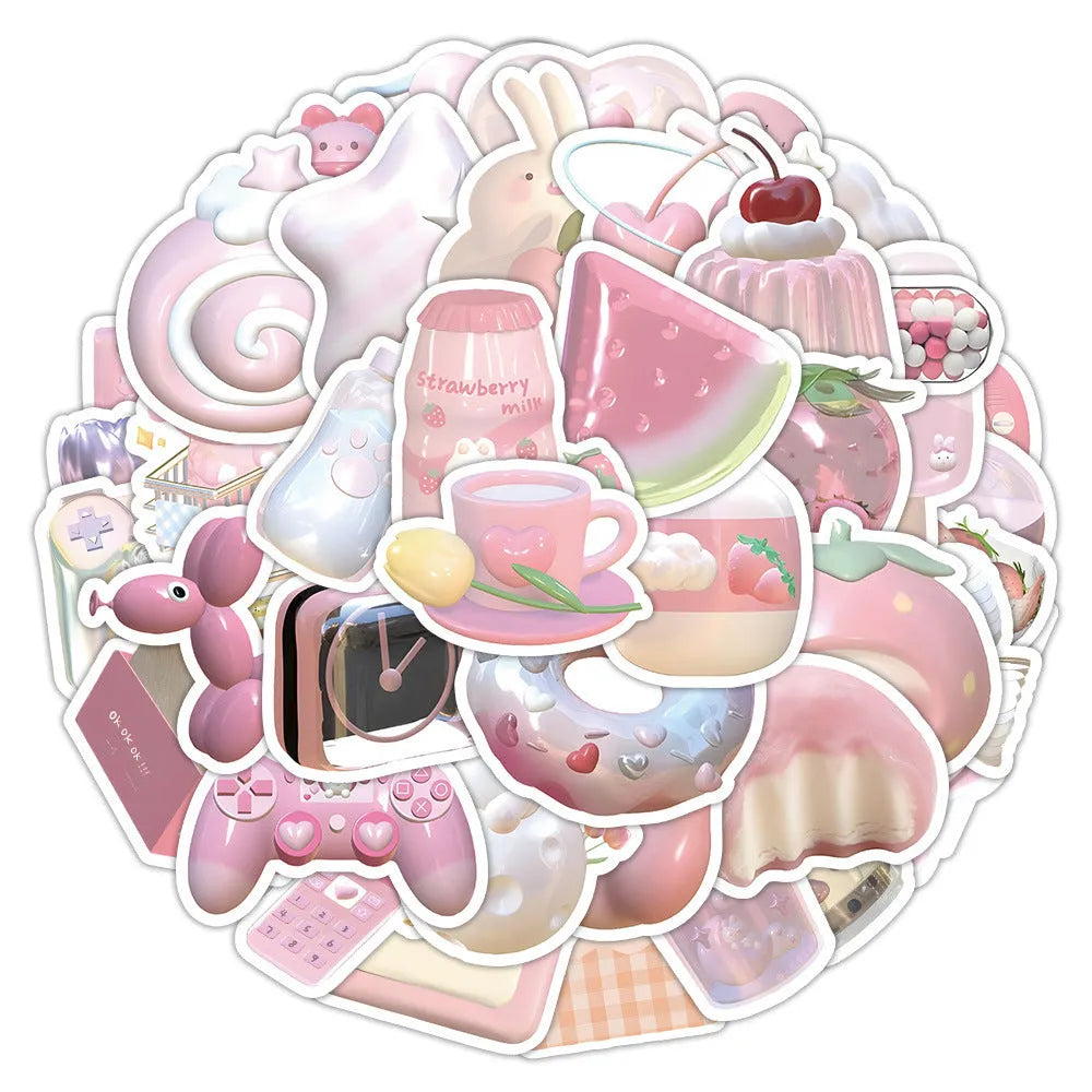Sheet of 63 light pink 3D decorative stickers with cute girl and heart designs.
