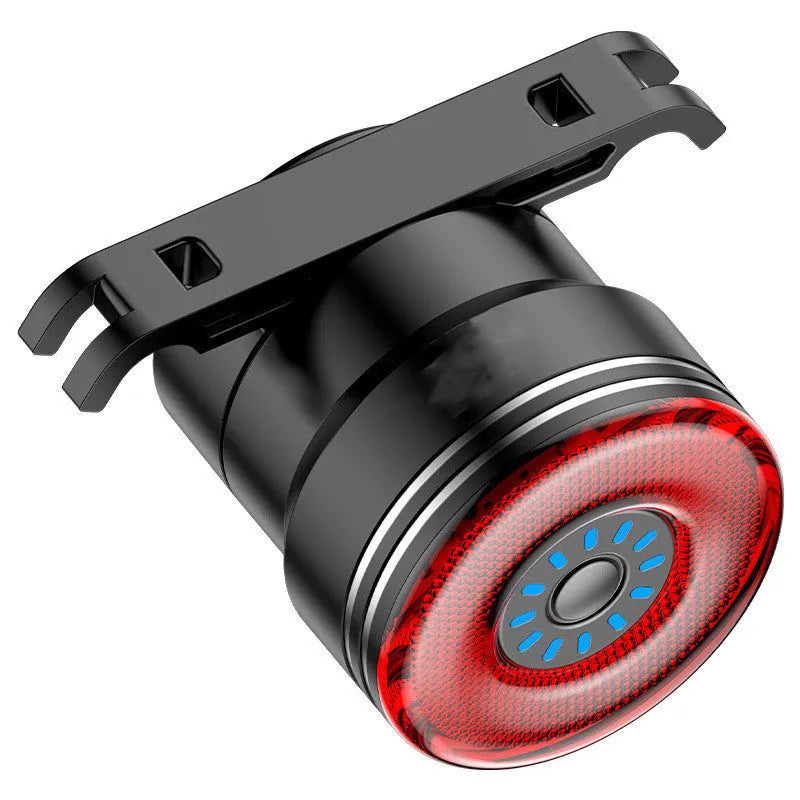 Black aluminium smart bicycle taillight with brake sensor and USB charging port.