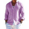 Men's loose fit long sleeve shirt in solid colour with lapel collar and button front, polyester fabric