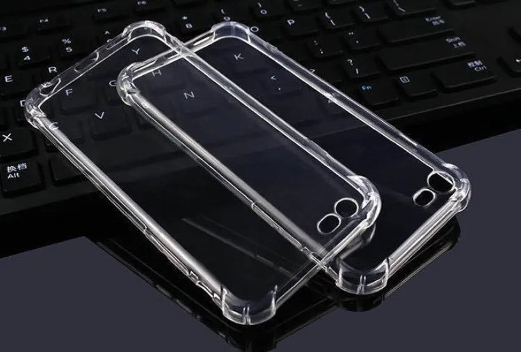 Clear transparent shockproof TPU case for iPhone models on a table.